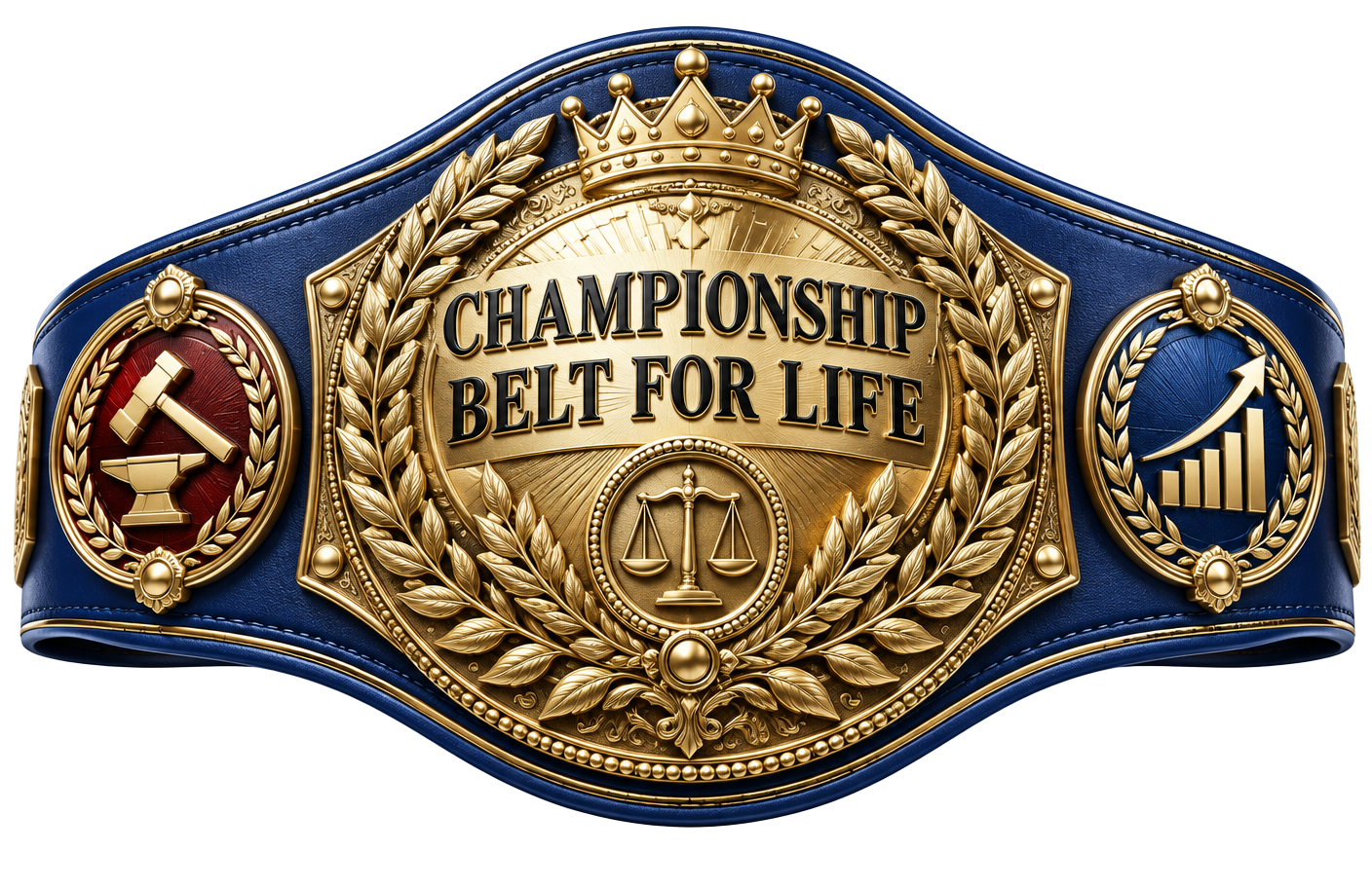 A blue and gold Championship Belt for Life with Labor and Leverage symbols
